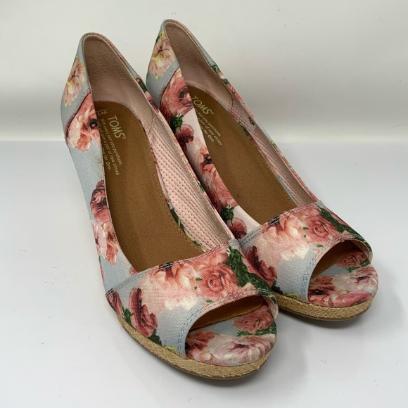 Toms Shoes - Toms Blue Floral Pink Graphic Stella Peep Toe.